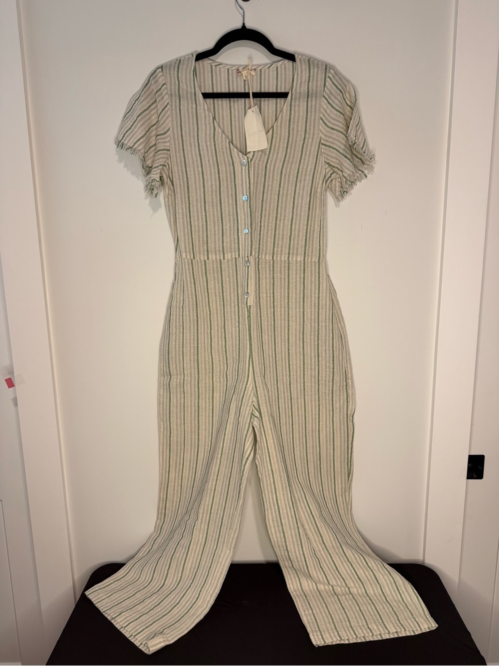 NWT (S) Hem & Thread Striped Short-Sleeve Jumpsuit Dress in Cream, Gray & Green